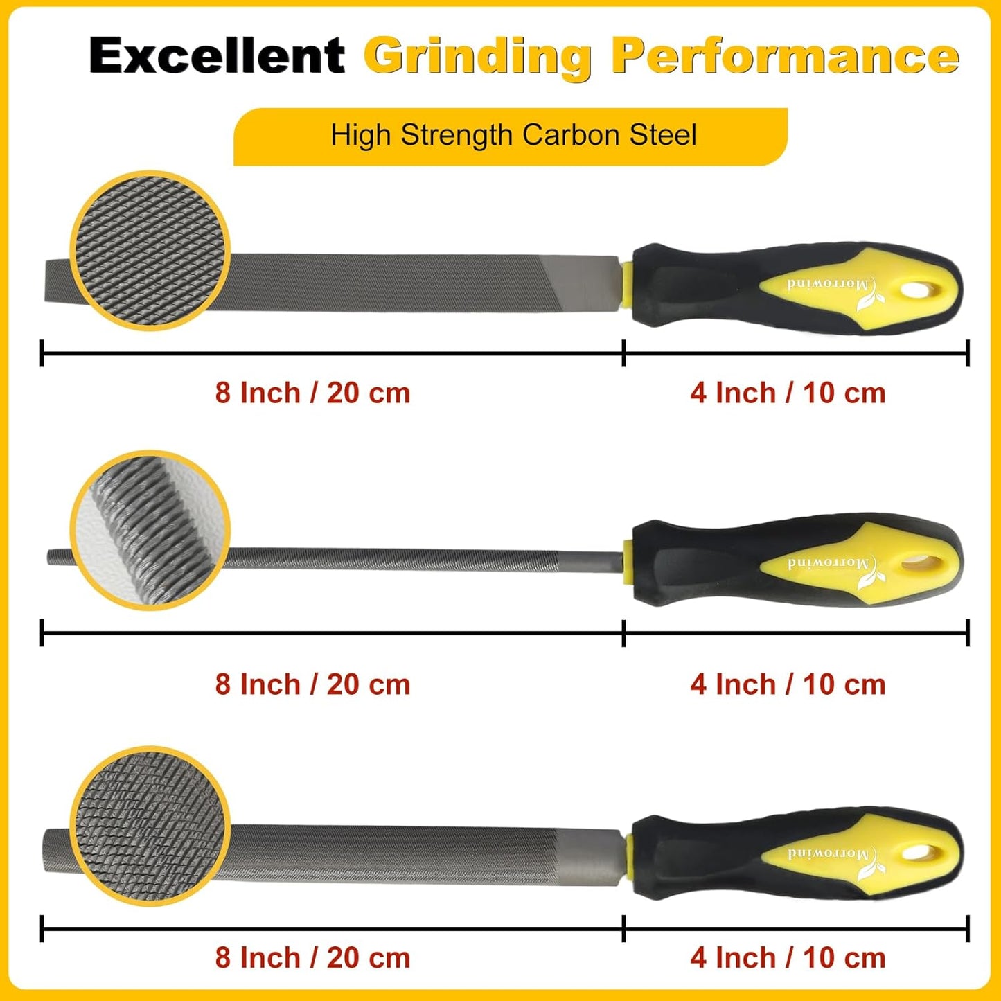 Metal File Set, 3pcs 8" Carbon Steel, Flat/Half-Round/Round Shapes