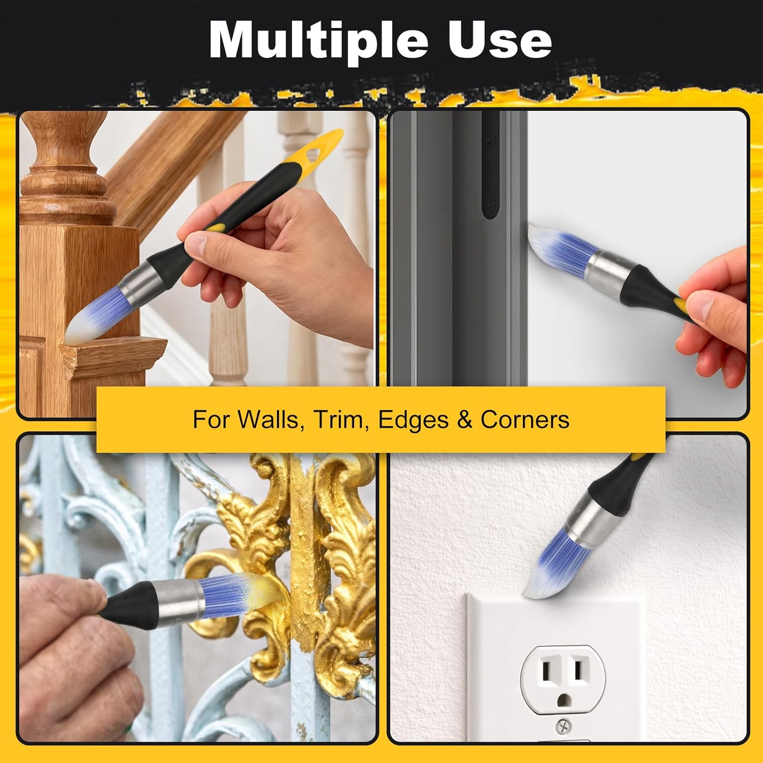 Paint brush with blue bristle tips used on various surfaces with text 'Multiple Use For Walls, Trim, Edges & Corners'.