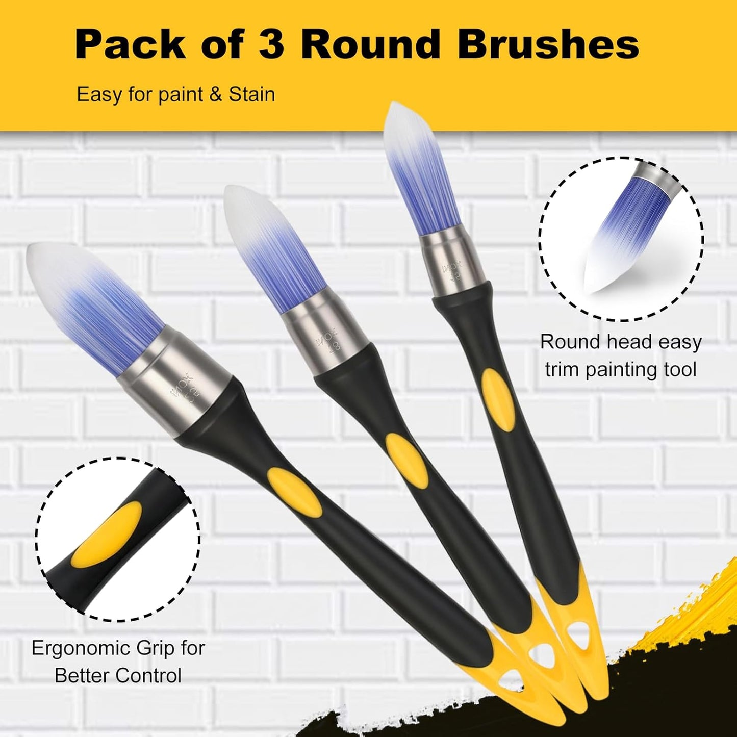 Pack of 3 round brushes with ergonomic grips on a white brick wall background