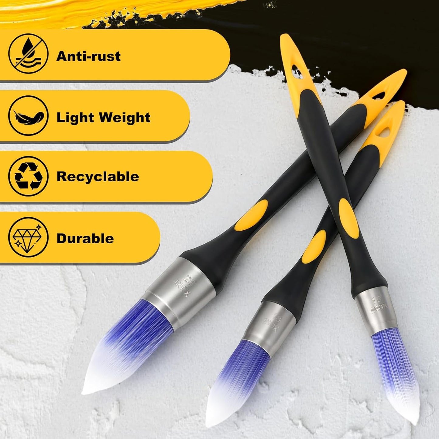 Three paint brushes with blue bristles on a textured surface, accompanied by yellow feature labels.