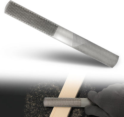 Metal file being used on a wooden surface with a white background