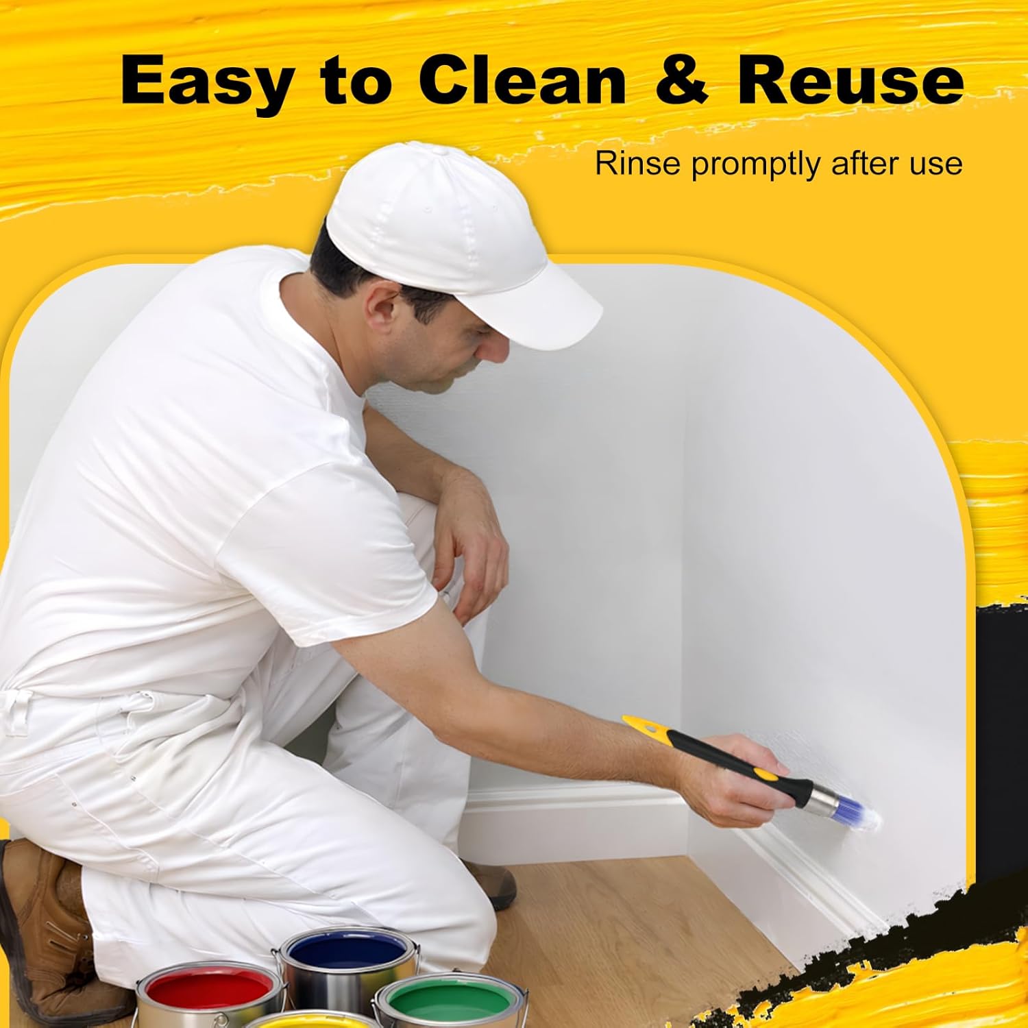Person painting a wall with text about cleaning and reuse on a yellow background