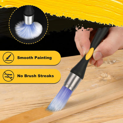 Paintbrush with blue bristles being used on a wooden surface, with text indicating 'Smooth Painting' and 'No Brush Streaks'.