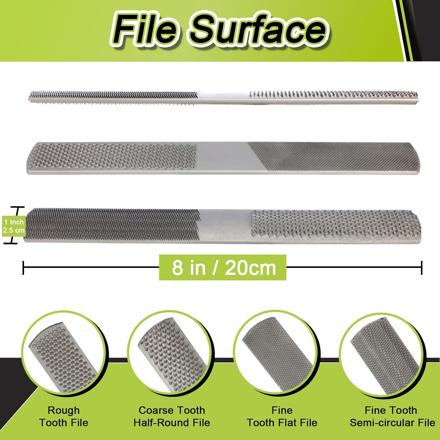 Set of files with different tooth sizes on a green background