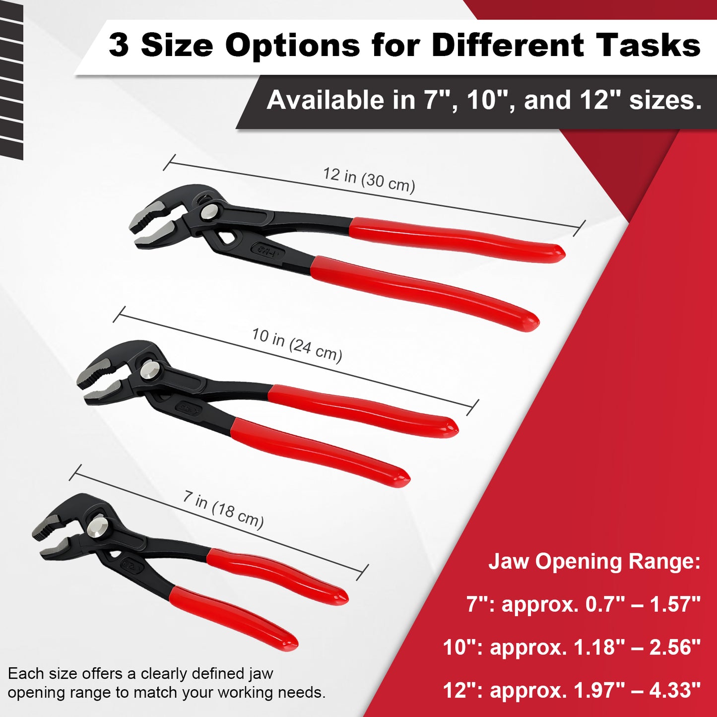 Three sizes of pliers with measurements and jaw opening ranges on a white background.
