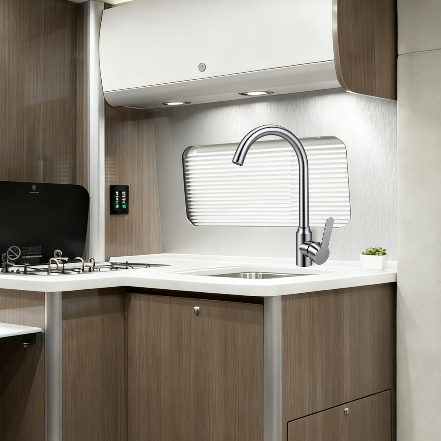 Modern kitchen with sink, faucet, and wooden cabinets