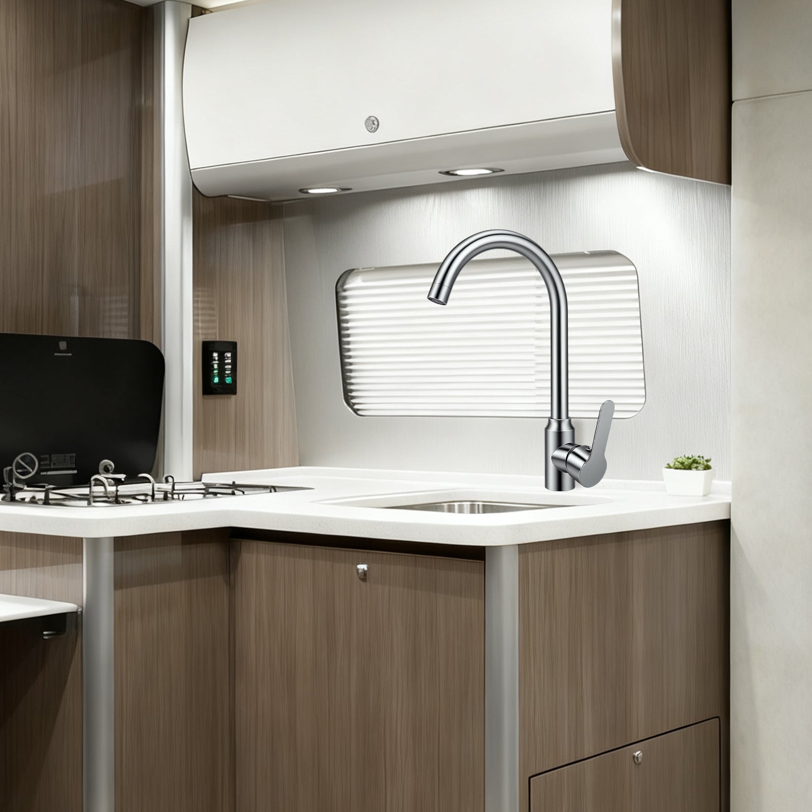 Modern kitchen with sink, faucet, and wooden cabinets