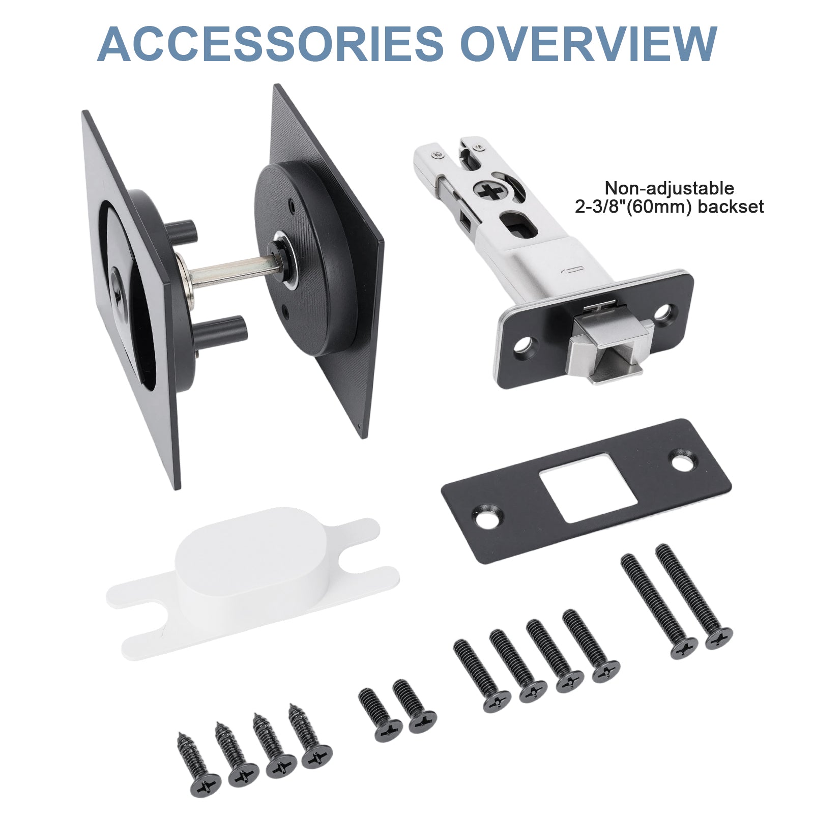 Set of door hardware accessories including a backplate, lever handle, and screws on a white background.
