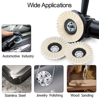 Polishing tool with three buffs and examples of its use in automotive, jewelry polishing, and wood sanding.