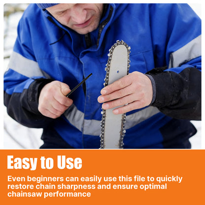 Person in blue jacket holding a chainsaw chain with text about ease of use.