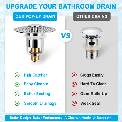 Promotional comparison graphic for a bathroom drain, showing a chrome pop-up drain on the left labeled 'OUR POP-UP DRAIN' with benefits like hair catcher, easy cleaning, better sealing, and smooth drainage. The right side shows a generic other drain with red X marks for clogging, odor build-up, and weak seal.