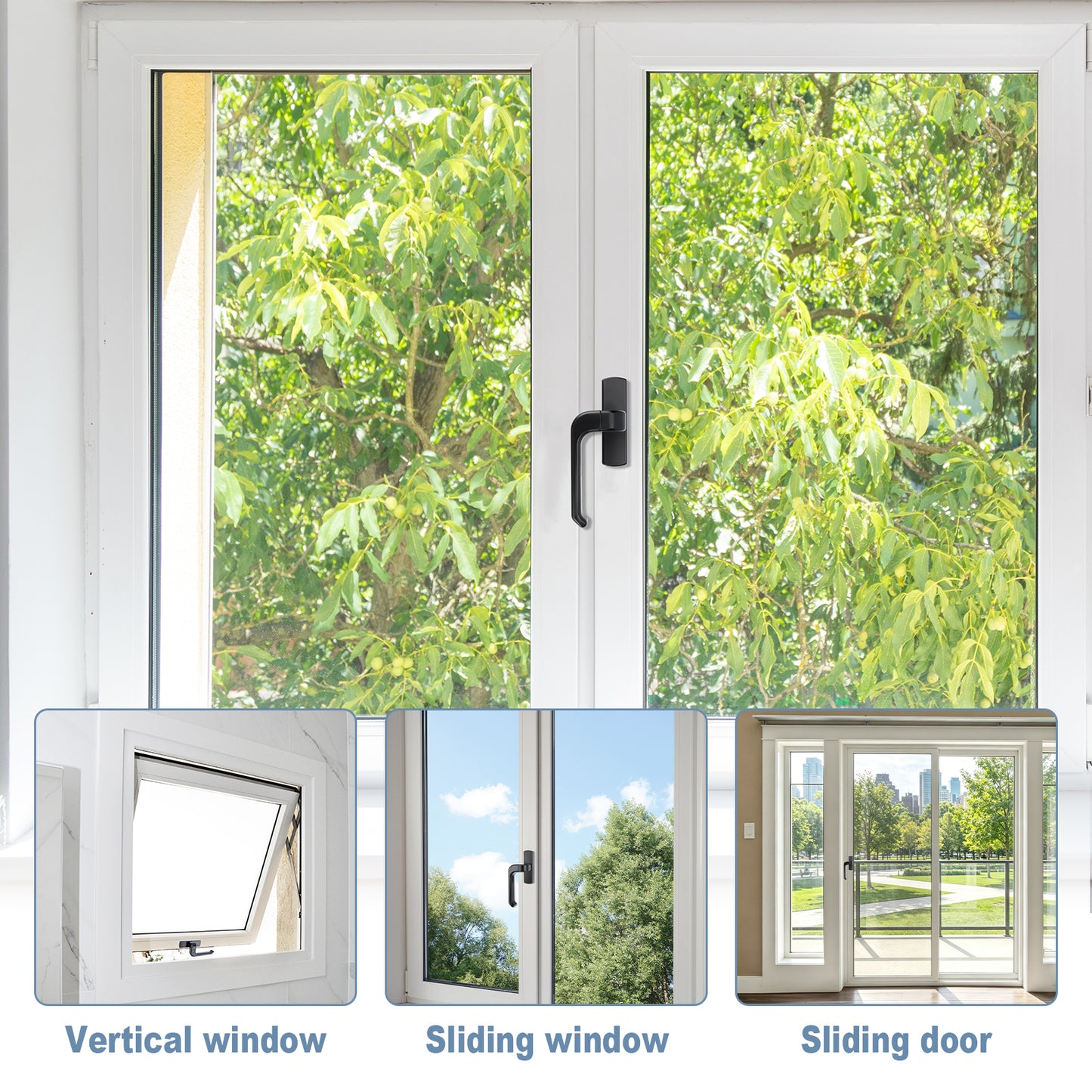 White aluminum window and door system shown with three inset examples at the bottom labeled Vertical window, Sliding window, and Sliding door, set against a background of green trees.