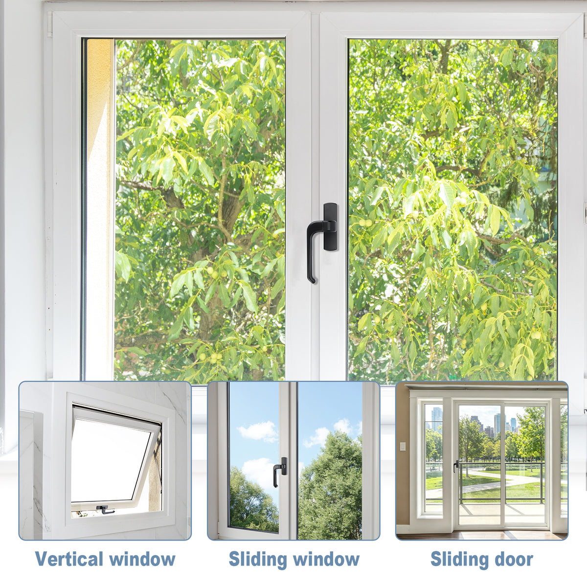 White aluminum window and door system shown with three inset examples at the bottom labeled Vertical window, Sliding window, and Sliding door, set against a background of green trees.