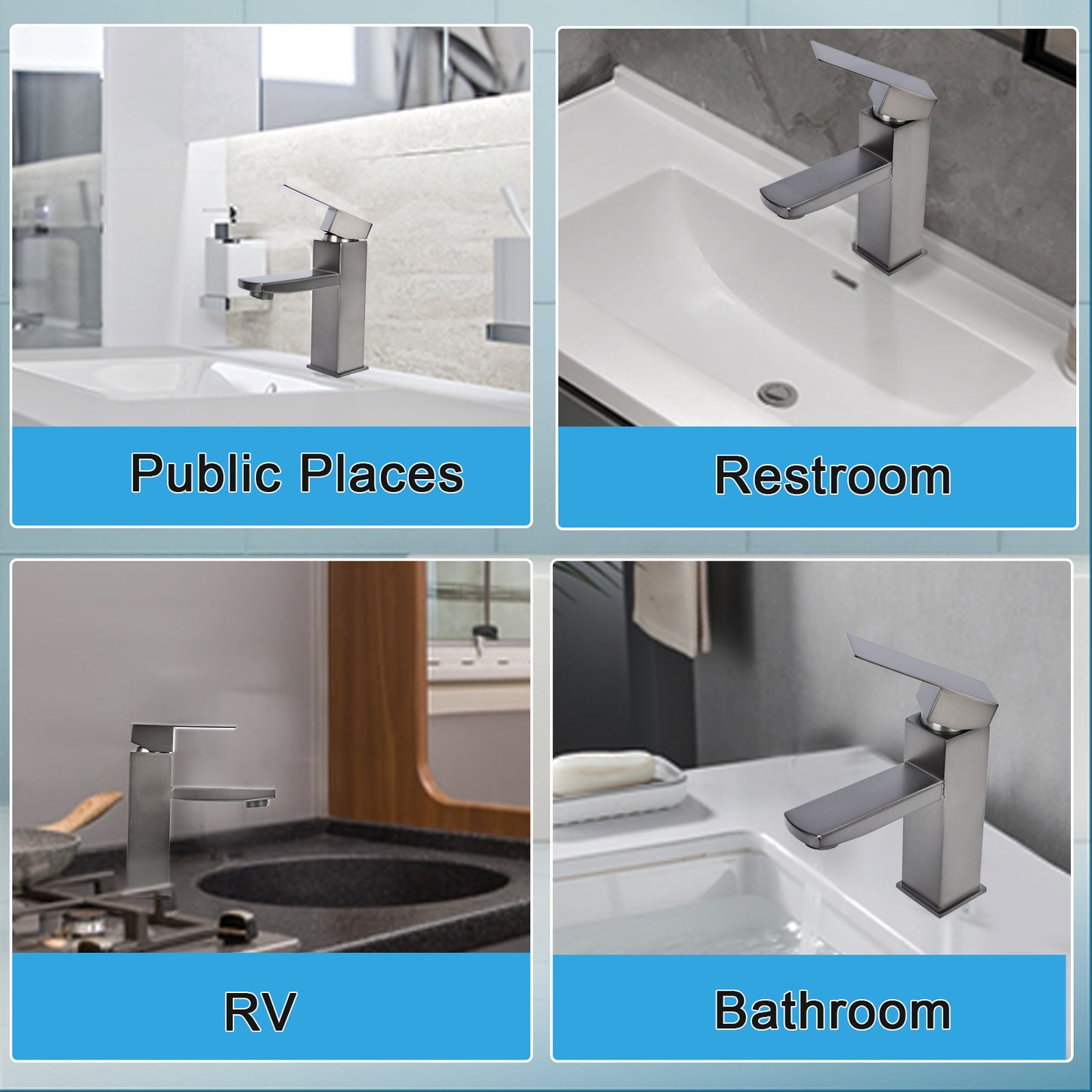 Collage of bathroom faucets in various settings with labels for public places, restroom, RV, and bathroom.