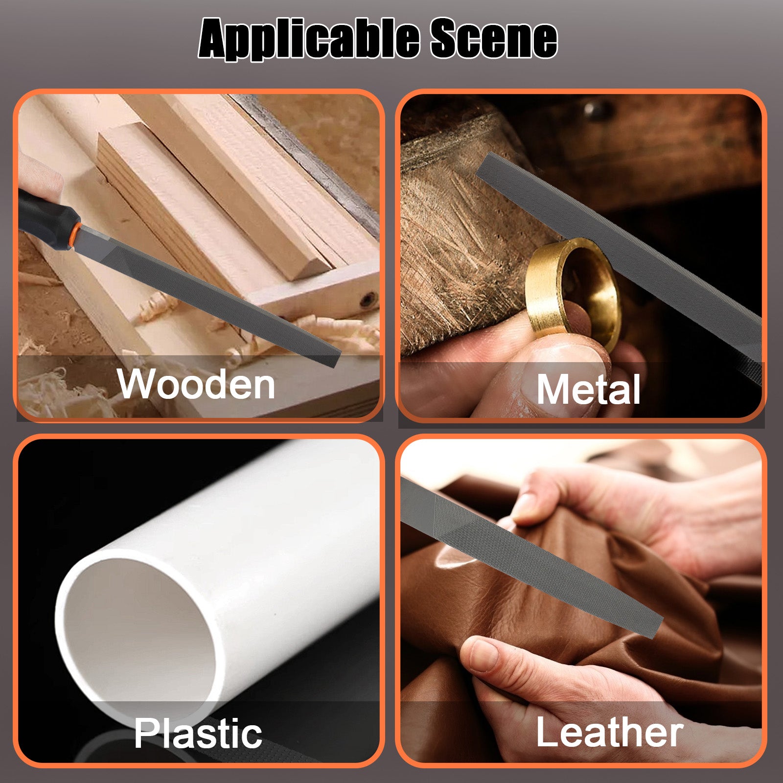 Collage showing the tool's use on wooden, metal, plastic, and leather surfaces.