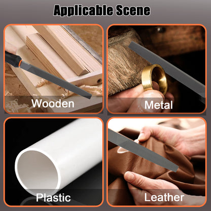 Collage showing the tool's use on wooden, metal, plastic, and leather surfaces.