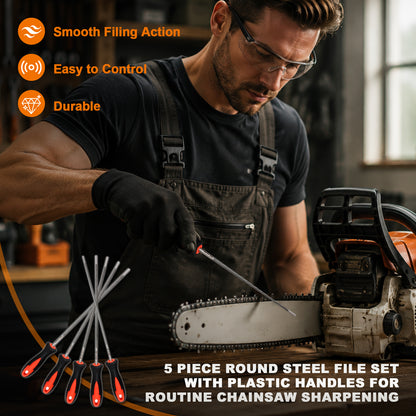 A man in a workshop wearing safety glasses and black gloves uses a chainsaw file to sharpen a chainsaw bar. The image includes text overlays highlighting product features: 'Smooth Filing Action', 'Easy to Control', and 'Durable', along with a small inset showing a 5-piece round steel file set with red and black handles.