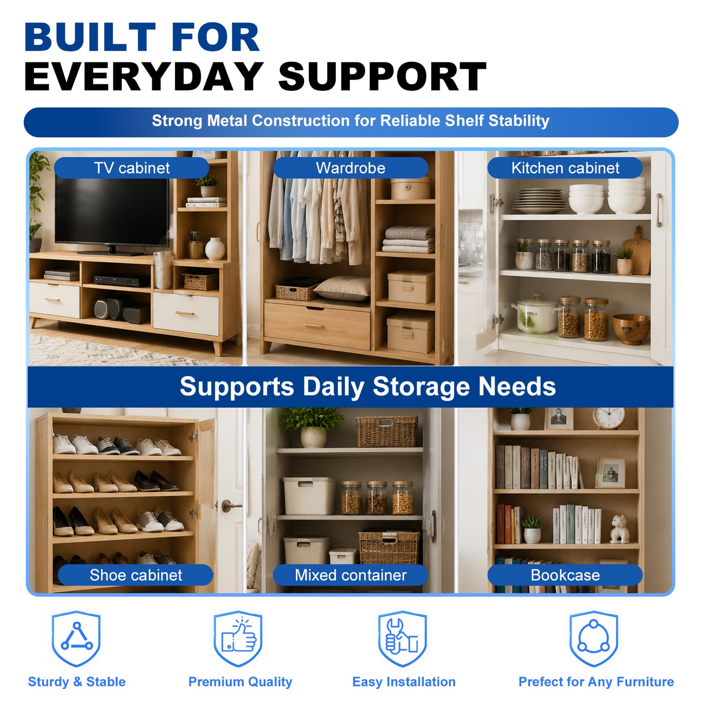 An infographic-style promotional graphic for a shelving/cabinet system. The top text reads 'BUILT FOR EVERYDAY SUPPORT' and 'Strong Metal Construction for Reliable Shelf Stability.