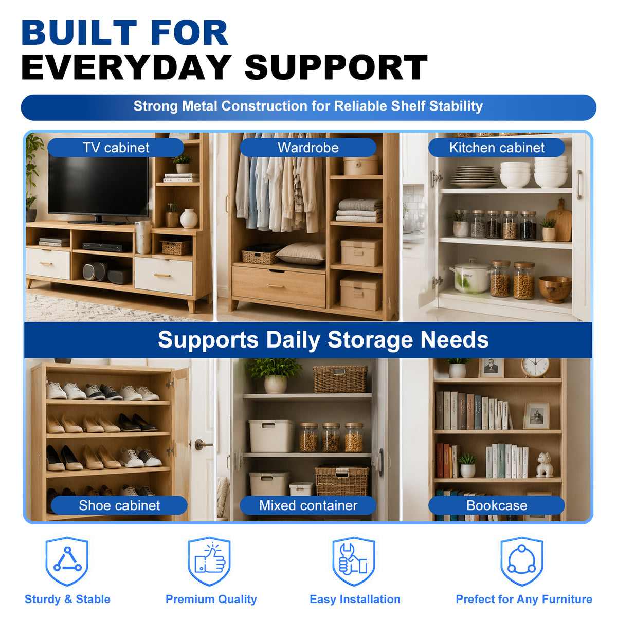An infographic-style promotional graphic for a shelving/cabinet system. The top text reads 'BUILT FOR EVERYDAY SUPPORT' and 'Strong Metal Construction for Reliable Shelf Stability.
