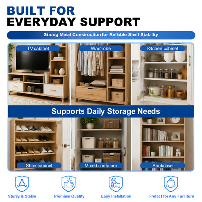 An infographic-style promotional graphic for a shelving/cabinet system. The top text reads 'BUILT FOR EVERYDAY SUPPORT' and 'Strong Metal Construction for Reliable Shelf Stability.