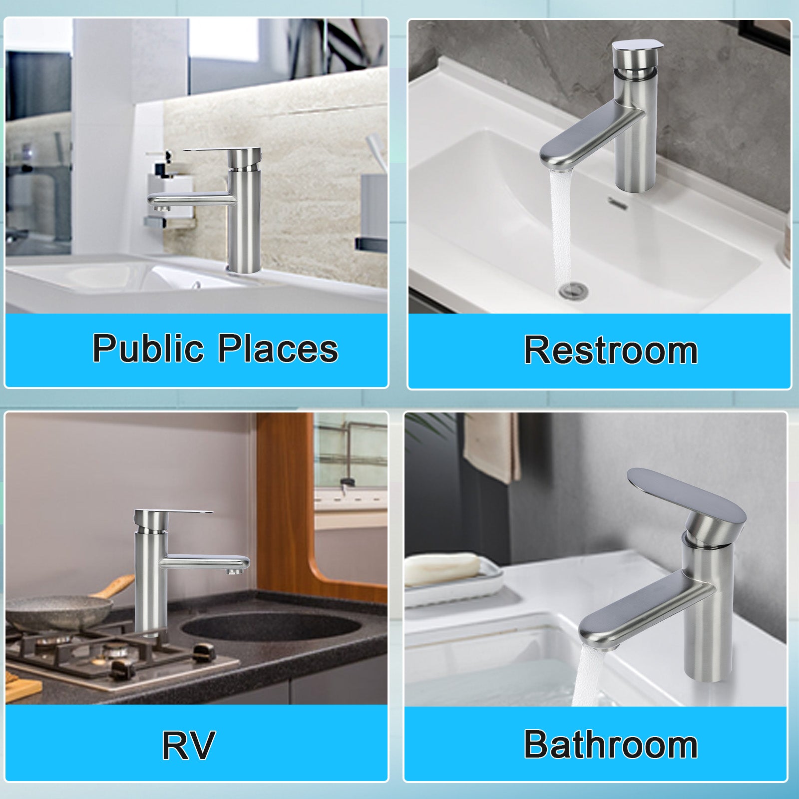 Collage of a silver faucet in various settings labeled 'Public Places', 'Restroom', 'RV', and 'Bathroom'.