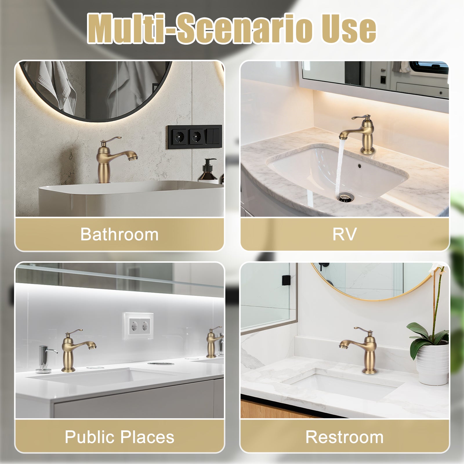 Collage of bathroom fixtures with labels for different scenarios including bathroom, RV, public places, and restroom.
