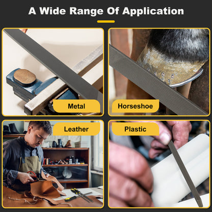 Diamond file with applications on metal, horseshoe, leather, and plastic shown in a collage.