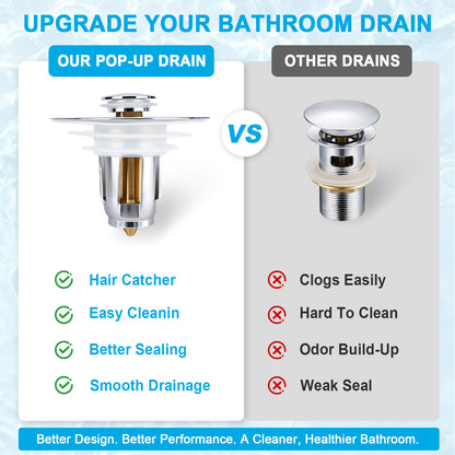 Promotional comparison graphic for a bathroom drain. The left side shows the product, a chrome pop-up drain with a clear hair catcher, labeled 'OUR POP-UP DRAIN' with green checkmarks for hair catcher, easy cleaning, better sealing, and smooth drainage.