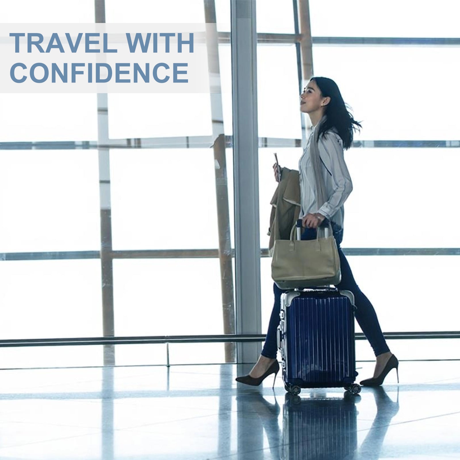 Woman with luggage in an airport terminal with 'Travel with Confidence' text.