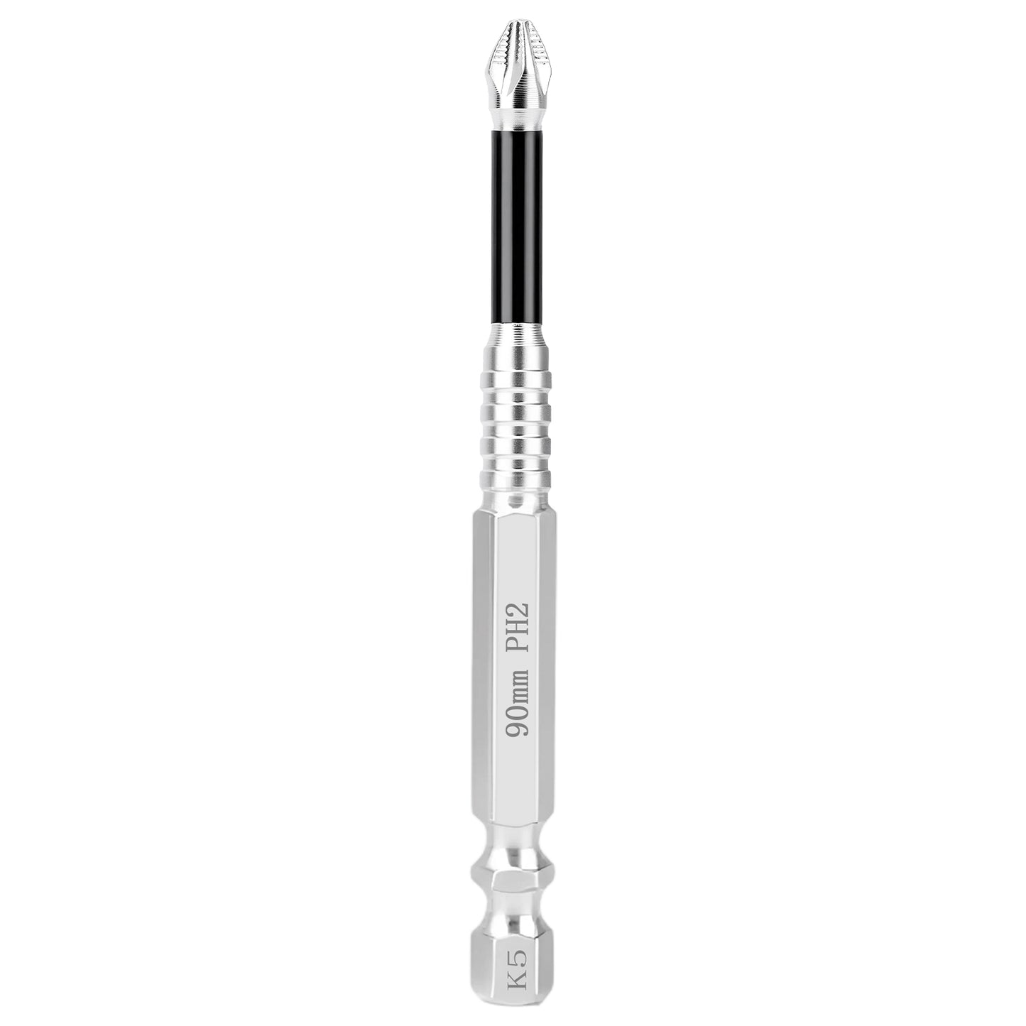 A 90mm PH2 screwdriver bit with a silver metallic hex shank, a black grip section, and a silver star tip, shown vertically on a plain white background.