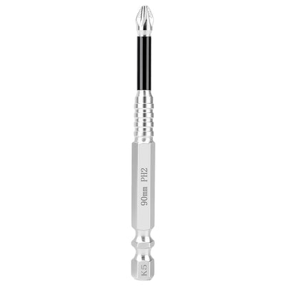 A 90mm PH2 screwdriver bit with a silver metallic hex shank, a black grip section, and a silver star tip, shown vertically on a plain white background.
