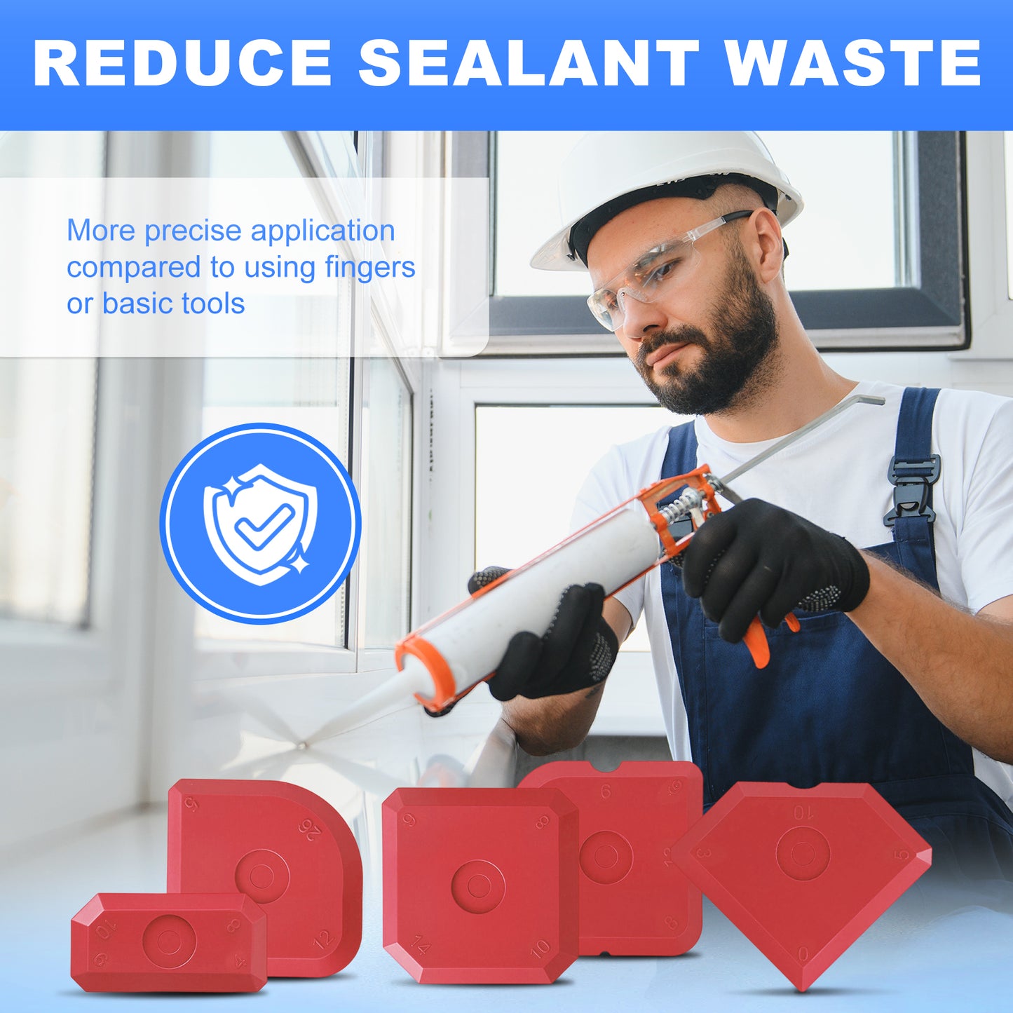 Person using a sealant gun with text 'Reduce Sealant Waste' and product images below.