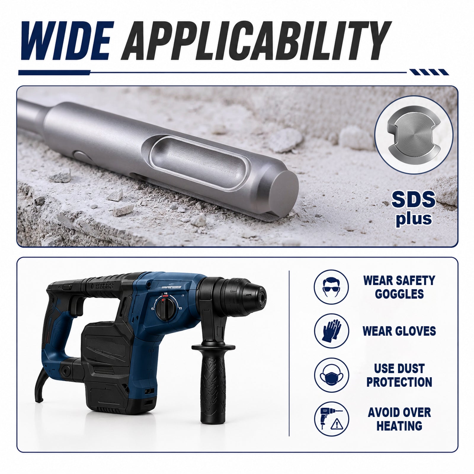 Promotional graphic for a cordless hammer drill with a metal attachment bit, showing the drill, a close-up of the bit, and safety icons. The top text reads 'WIDE APPLICABILITY' and 'SDS plus'.