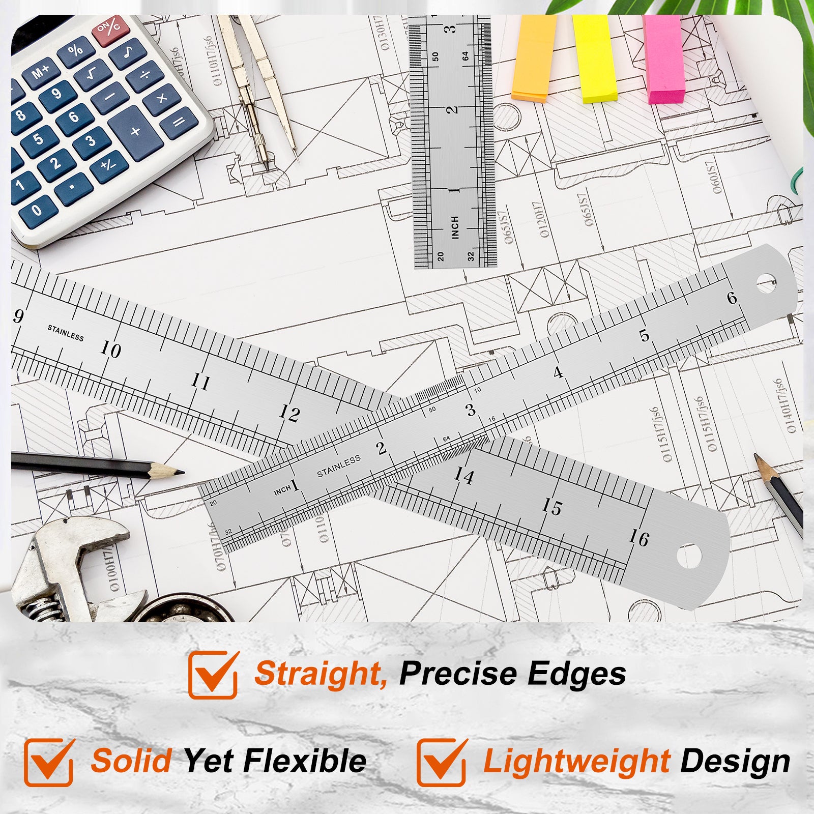 Set of drafting tools on blueprints with text highlighting features.