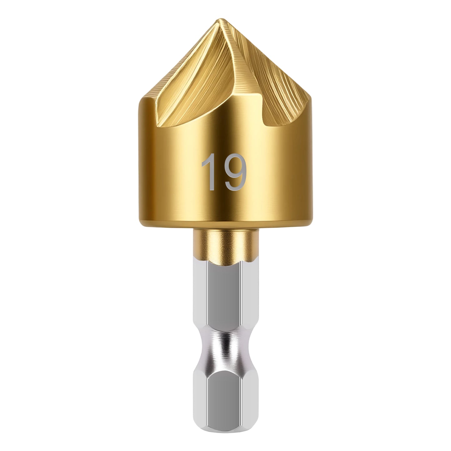 Gold and silver drill bit on a white background