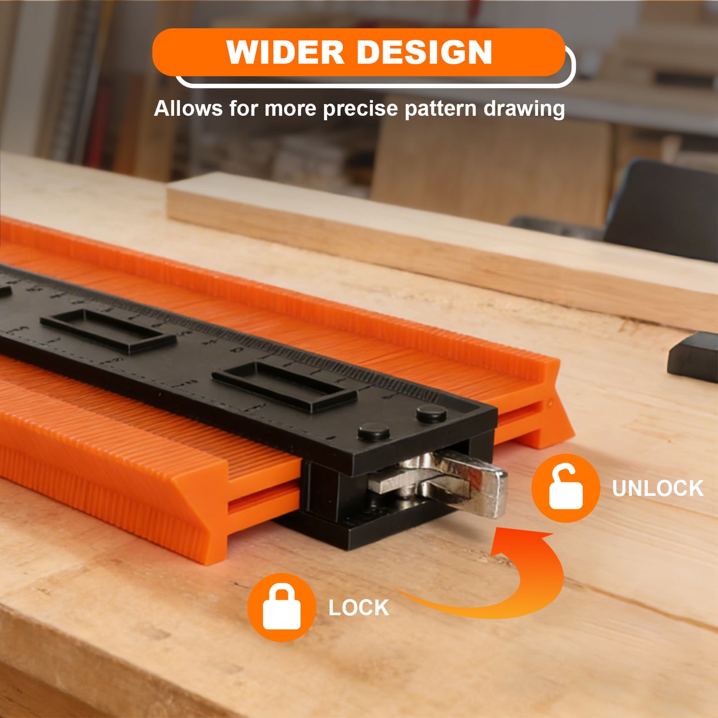 Woodworking tool with orange and black design on a wooden surface