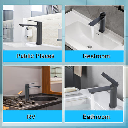 Black faucet displayed in various settings including public places, restroom, RV, and bathroom.