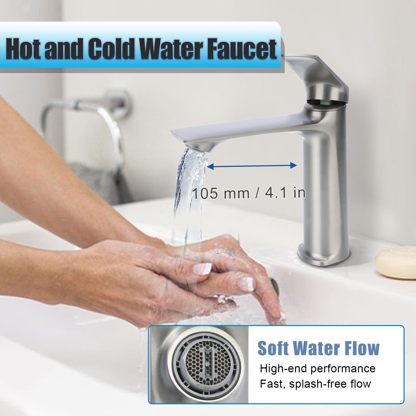 Stainless steel faucet with water flowing, labeled 'Hot and Cold Water Faucet' and 'Soft Water Flow'.