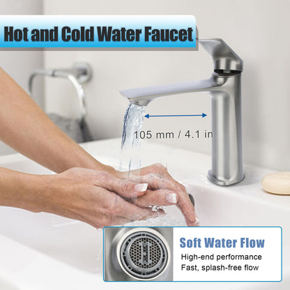 Stainless steel faucet with water flowing, labeled 'Hot and Cold Water Faucet' and 'Soft Water Flow'.