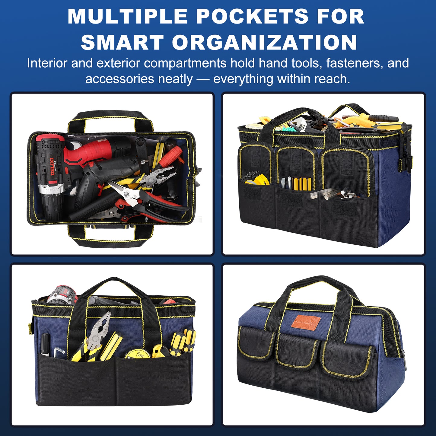 12-Inch Tool Bag, Wide Mouth Tote with Hard Bottom & Pockets Organizer