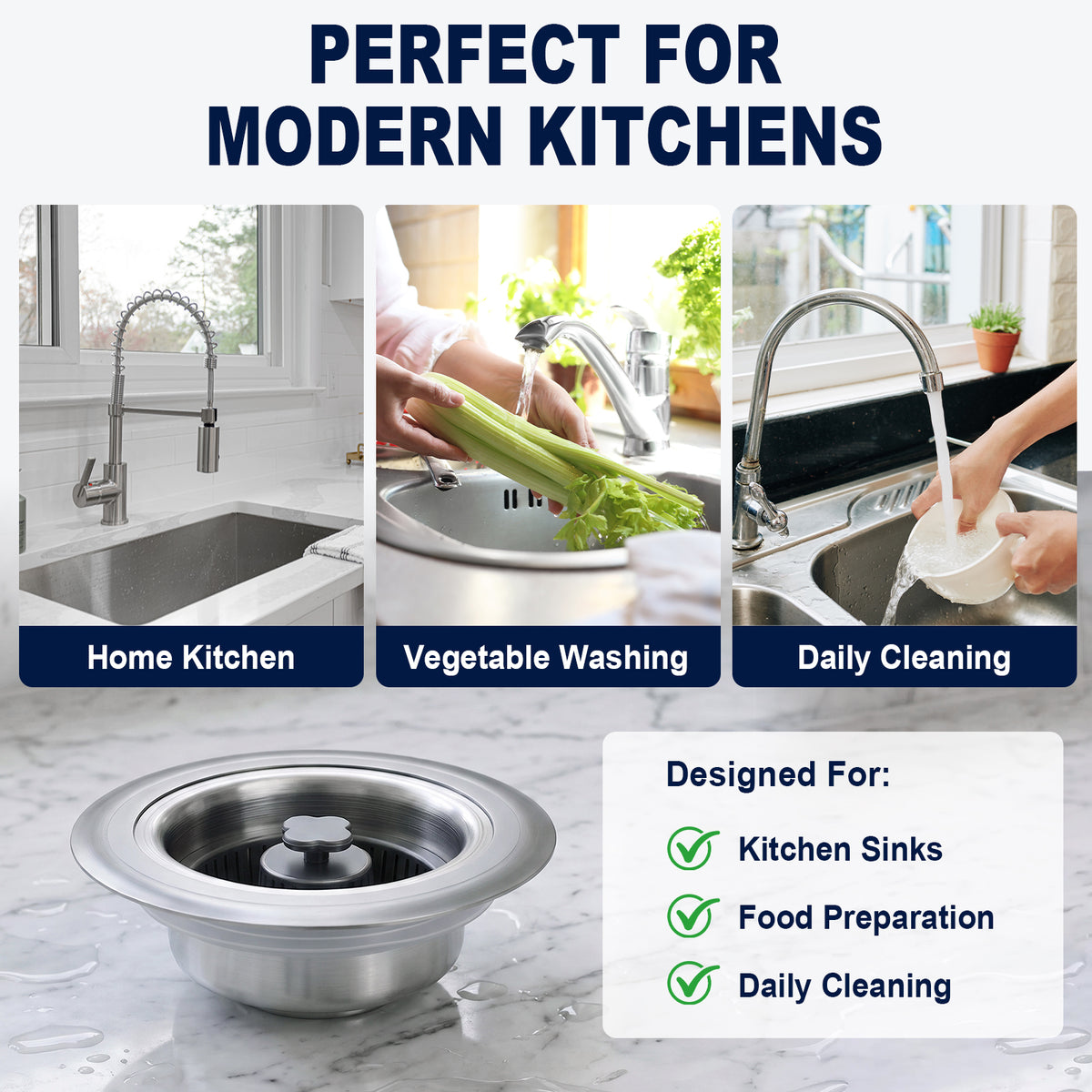 A stainless steel kitchen sink drain basket shown in a marketing graphic for modern kitchens. The graphic includes three lifestyle photos of sink use (home kitchen, vegetable washing, daily cleaning) and text stating it is designed for kitchen sinks, food preparation, and daily cleaning.