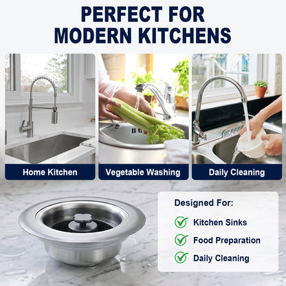 A stainless steel kitchen sink drain basket shown in a marketing graphic for modern kitchens. The graphic includes three lifestyle photos of sink use (home kitchen, vegetable washing, daily cleaning) and text stating it is designed for kitchen sinks, food preparation, and daily cleaning.