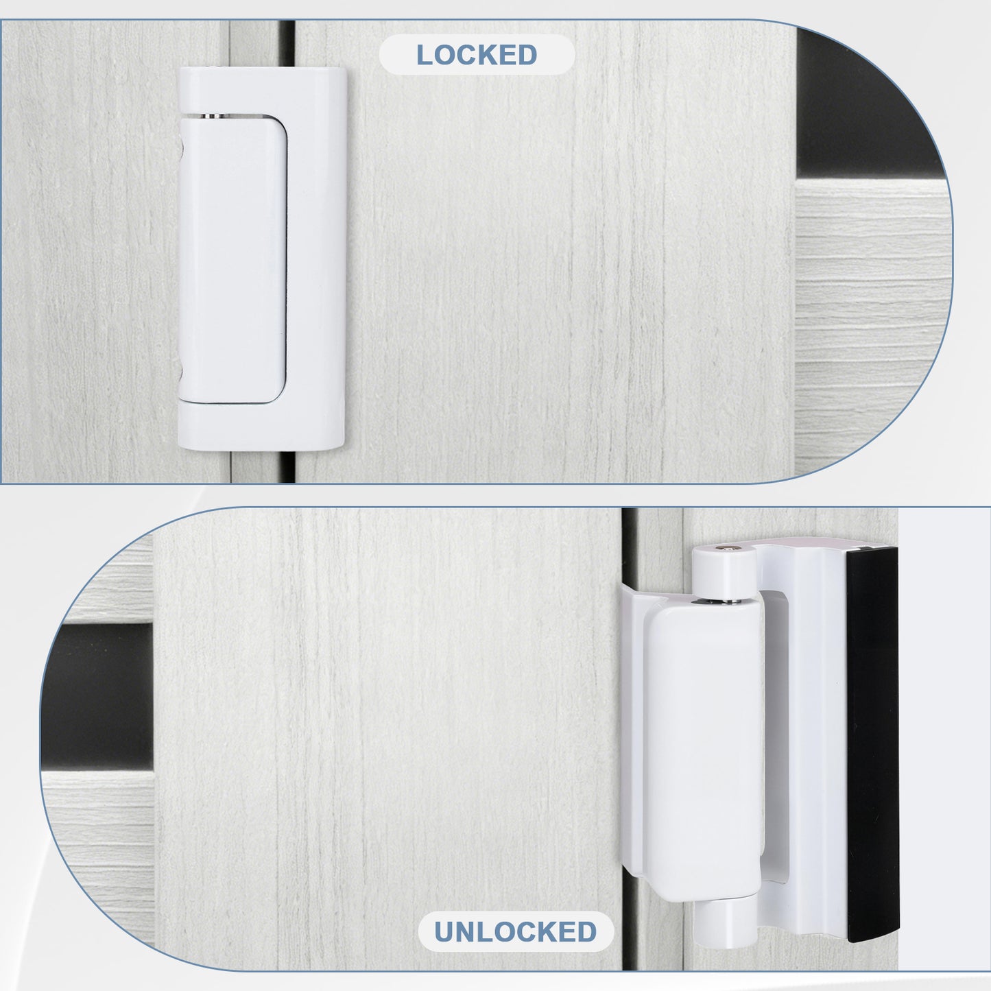 Lockable shower door with 'LOCKED' and 'UNLOCKED' labels on a wooden background.