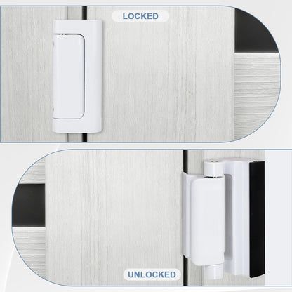 Lockable shower door with 'LOCKED' and 'UNLOCKED' labels on a wooden background.