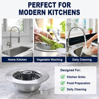 A kitchen sink drain strainer shown in a promotional graphic for modern kitchens. The image includes three inset photos demonstrating use: a home kitchen faucet, vegetable washing, and daily cleaning.