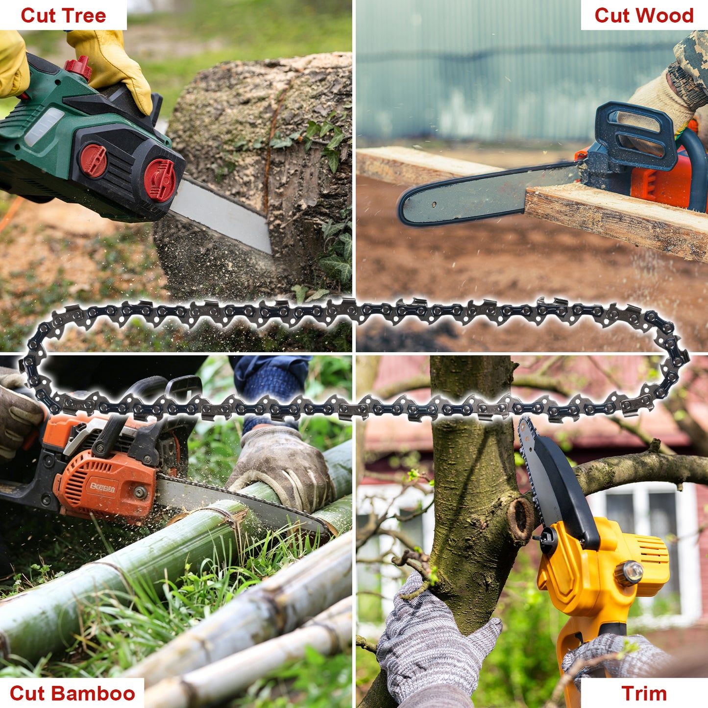 A collage showing a chainsaw chain in use for cutting tree logs, wood, bamboo, and trimming branches, with a large isolated chain graphic across the center. Text labels in the corners read 'Cut Tree,' 'Cut Wood,' 'Cut Bamboo,' and 'Trim.