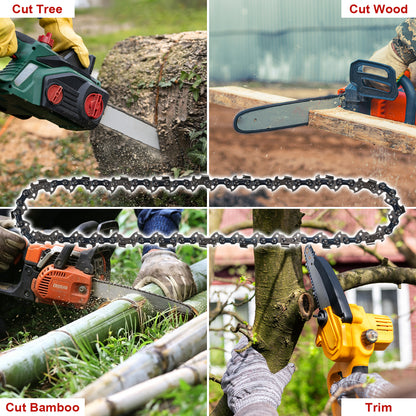 A collage showing a chainsaw chain in use for cutting tree logs, wood, bamboo, and trimming branches, with a large isolated chain graphic across the center. Text labels in the corners read 'Cut Tree,' 'Cut Wood,' 'Cut Bamboo,' and 'Trim.