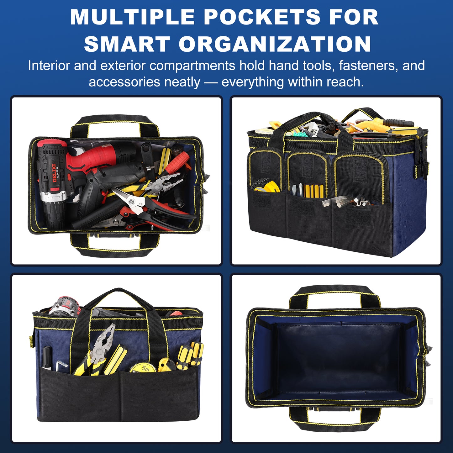 A navy and black tool organizer tote bag with yellow trim, shown in a four-panel infographic on a dark blue background. The panels demonstrate the bag's exterior pockets, interior compartments filled with hand tools, and the empty interior space.