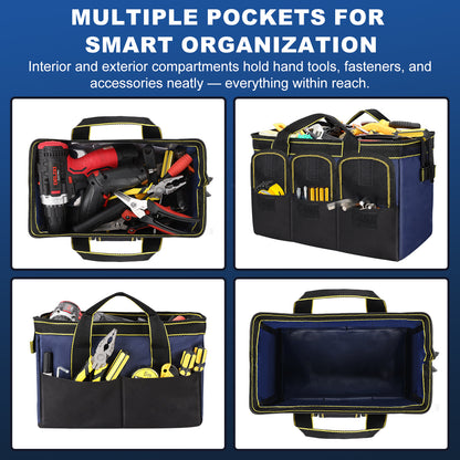 A navy and black tool organizer tote bag with yellow trim, shown in a four-panel infographic on a dark blue background. The panels demonstrate the bag's exterior pockets, interior compartments filled with hand tools, and the empty interior space.