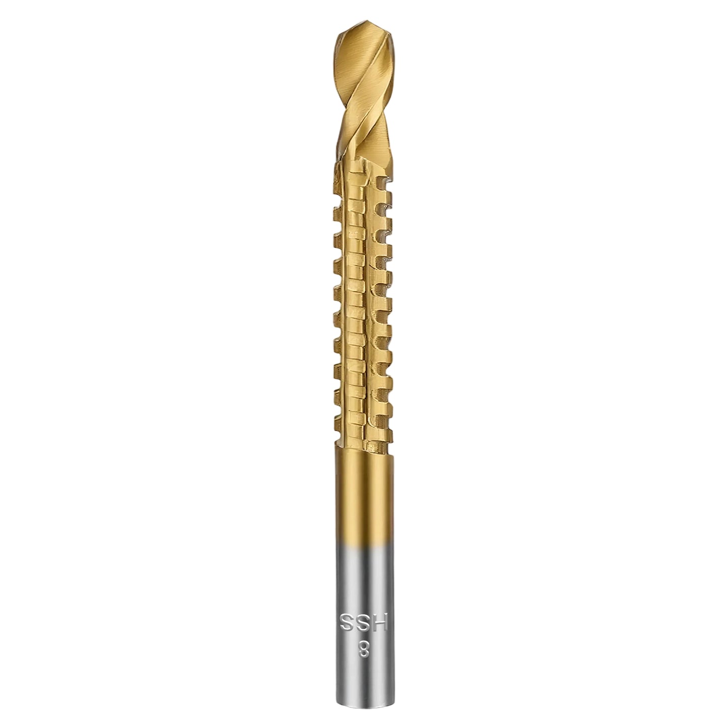 Gold and silver drill bit on a white background